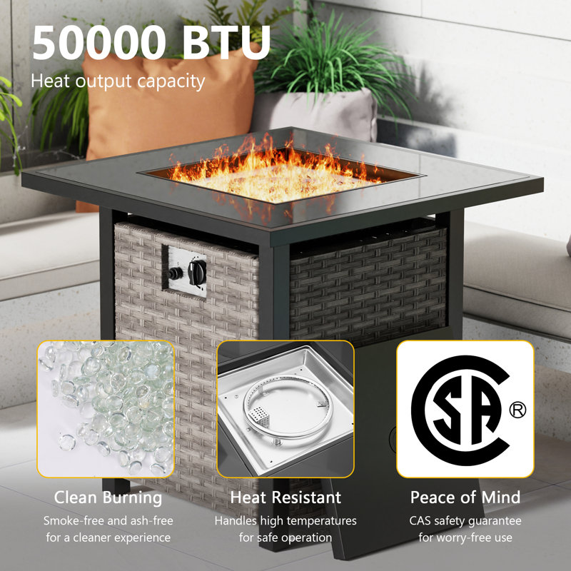 28 Inch 50,000 BTU Outdoor Wicker Patio Gas Fire Pit Table, Gray