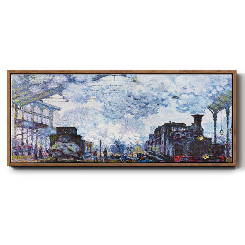 «Saint Lazare Station In Paris», arrivée d'un train par Monet sur toile, H 8 po x l 20 po x P 1,5 po, Toile avec cadre noyer