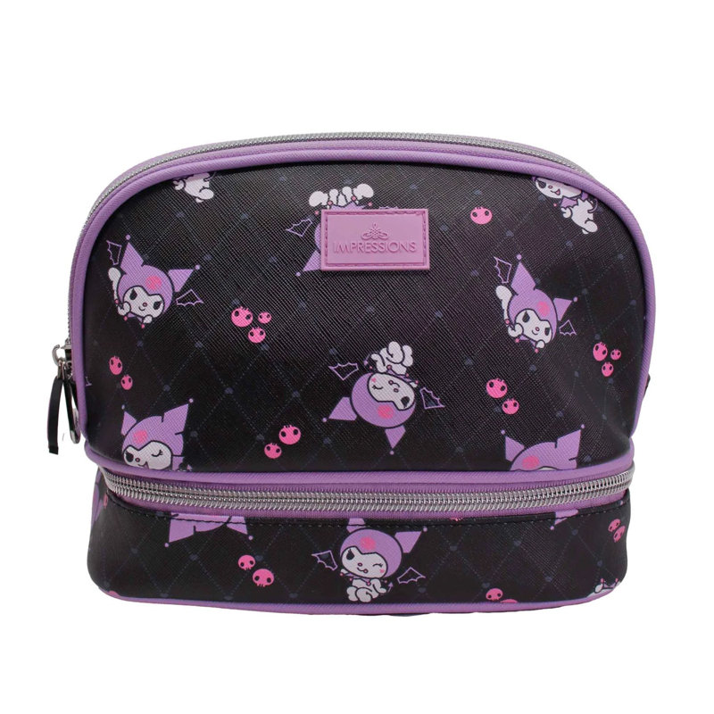 Kuromi Double Layer Makeup Organizer Bag with Stylish Travel Cosmetic Bags for Women, and Slip Pocket, Unzip Bottom Tier Compartment, Silver Hardware, Makeup Brush, and Accessories