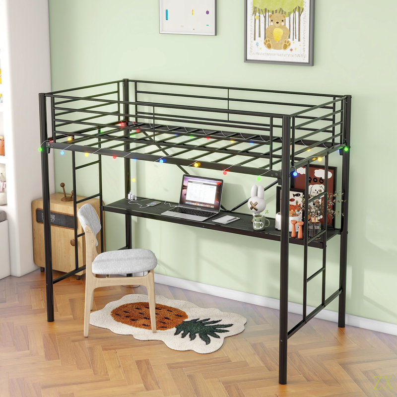 Lit mezzanine simple en métal avec bureau, prise de courant et éclairage à DEL, garde de sécurité et échelle, aucun sommier nécessaire