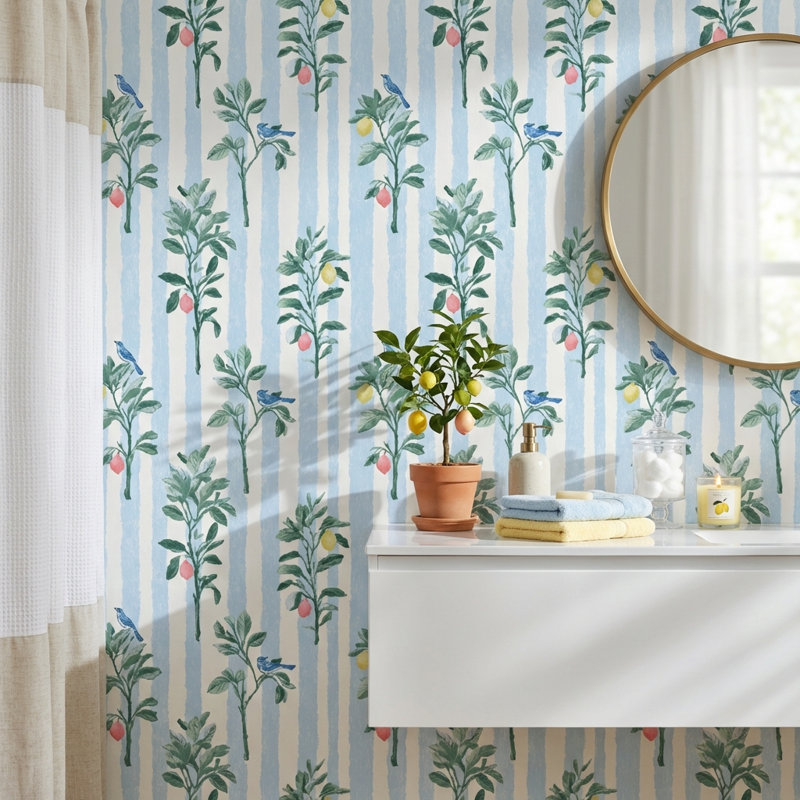 Citrus Wallpaper Bluebirds Vertical Stripes Wall Mural, Peel&Stick