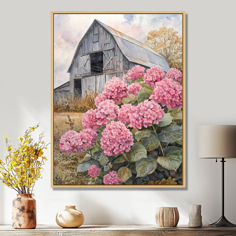 Hortensias dans l'ancienne cour de ferme - impressions sur toile d'hortensias, H 40 po x l 30 po, Crème, crème