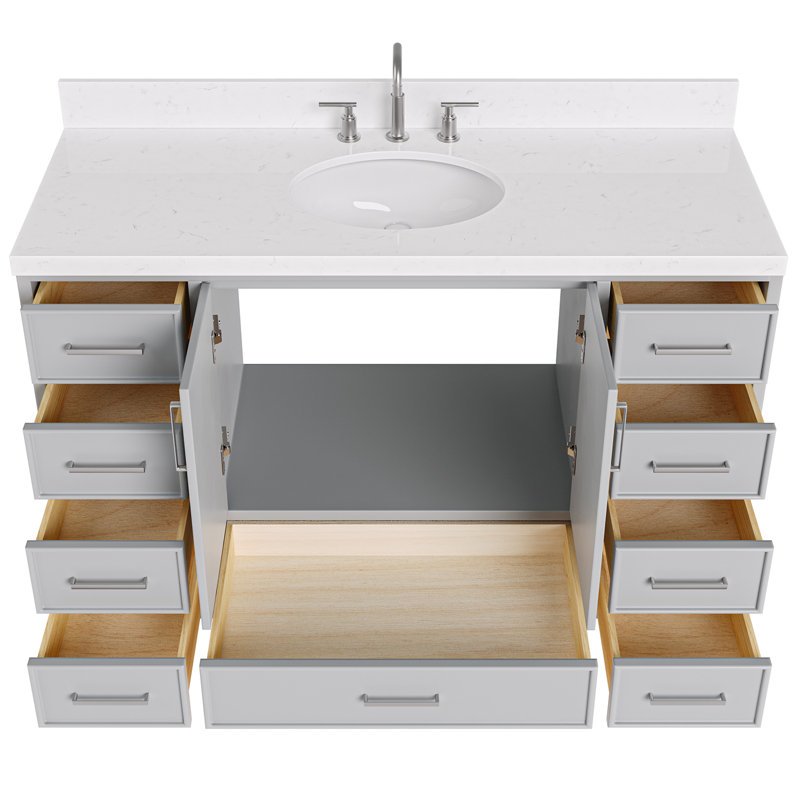 54.25'' Single Bathroom Vanity with Carrara Quartz Top, Brushed Nickel, Gray