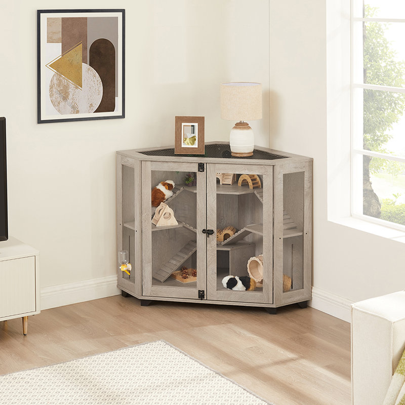 Corner Small Animal Cage with Ramp and Hide House, 86.8cm H x 116cm W x 68.8cm D