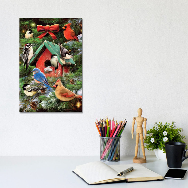 Christmas Bird House & Pines 1 Piece Wrapped Canvas Painting, 20.32 cm H x 30.48 cm W