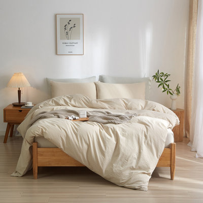 LIFETOWN Striped Duvet Cover Set,3 Pcs Breathable Durable 100% Washed Cotton Comforter Cover for All Seasons, Chic Linen Like Textured Bedding Set.