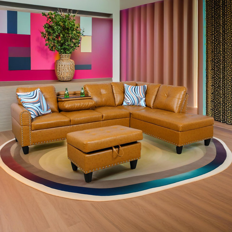 Ginger Brown PU Sectional Sofa With Ottoman, Right Hand Facing