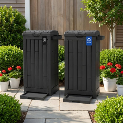 Edrosie Inc 31 Gallon Resin Outdoor Trash Cans with Lids, Black Patio Hideaway Garbage Bins