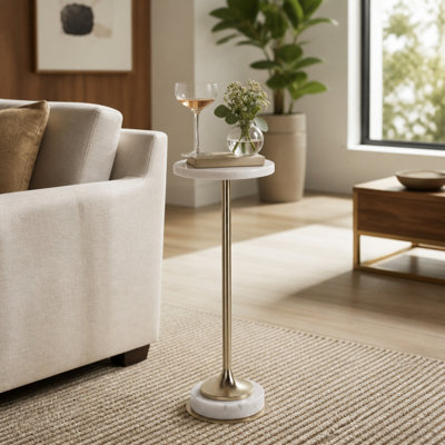 Table d'appoint élégante et moderne avec plateau en pierre et piètement en métal, idéale pour le salon - Table d'appoint étroite et contemporaine pour bureau - 61 cm, or et blanc