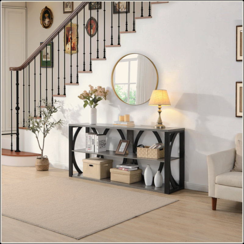 3-Tier Industrial Console Table Narrow Entry Table Long Table With Storage For Entryway, Living Room, Foyer, Hallway, Gray