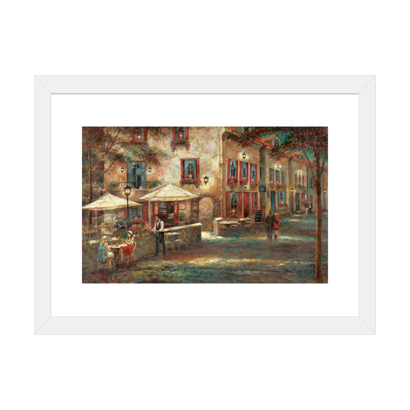 «Courtyard Café» par Ruane Manning - reproduction d'art, H 16 po x l 24 po x P 1 po, Papier encadré blanc, Blanc