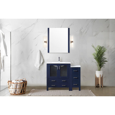 Bleu marine 42 po De meuble-lavabo simple l 18,25 po x P 18,25 po avec armoire latérale et comptoir en céramique, structure en bois massif, fermeture en douceur, cinq tiroirs intérieurs pour un grand espace de rangement, comptoir Scratch Stain