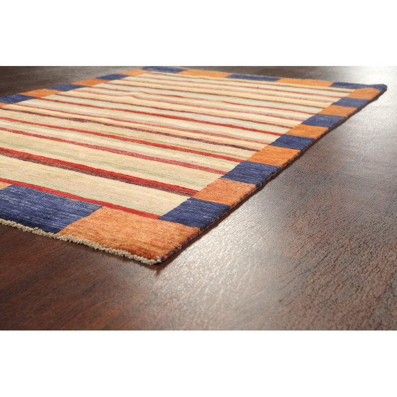 Tapis orange / bleu en laine noué à la main de conception unique 4 pi 3 po x 6 pi 3 po New Age