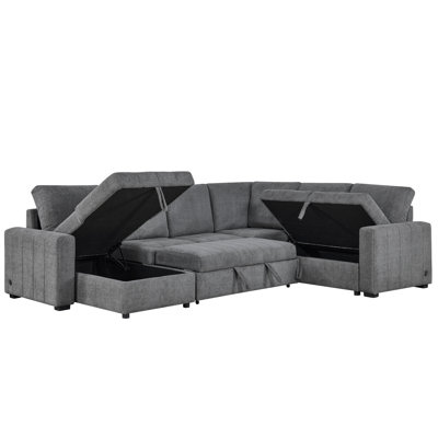 Seraphina II 128" Gray Boucle Reversible Modular Sleeper Sectional Sofa With Storage Chaise And USB Charging Port