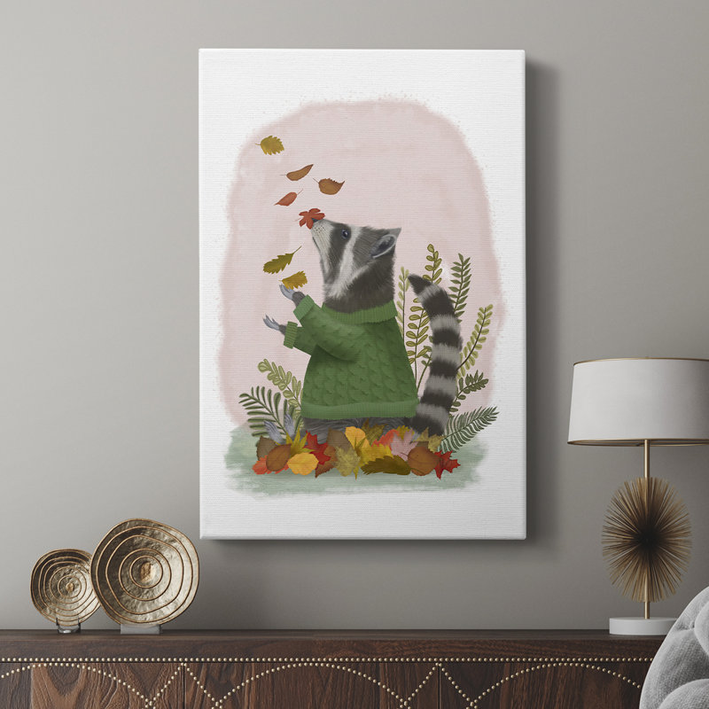 Raton laveur attrapant des feuilles - Cavas de galerie sur mesure, H 12 po x l 8 po