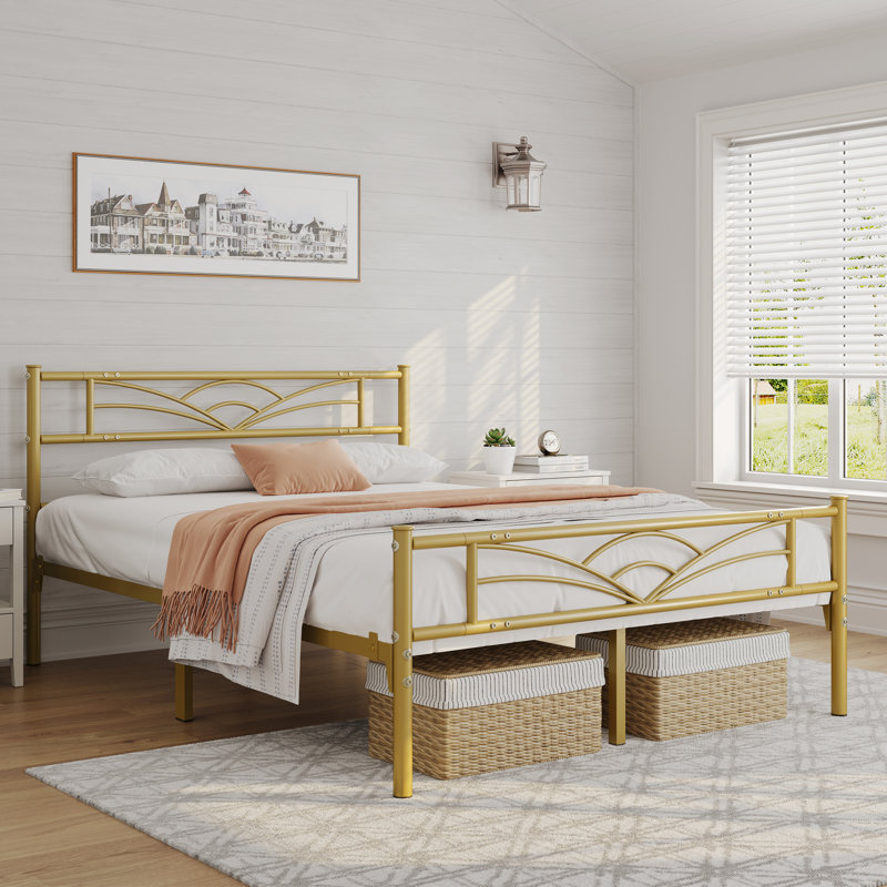 88.5cm Height Metal Bed Frame with Cloud-inspired Design Headboard, Double (4'6), Antique Gold