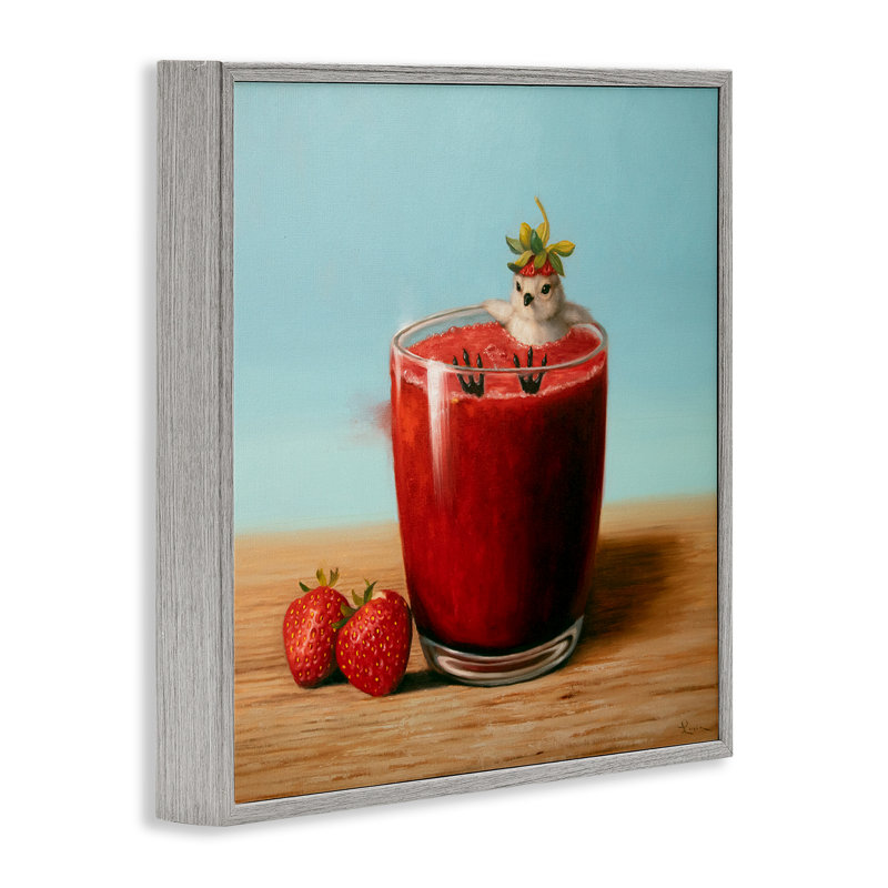 Oiseau dans une boisson à la fraise, estampe numérique encadrée par Lucia Heffernan, H 24 po x l 24 po