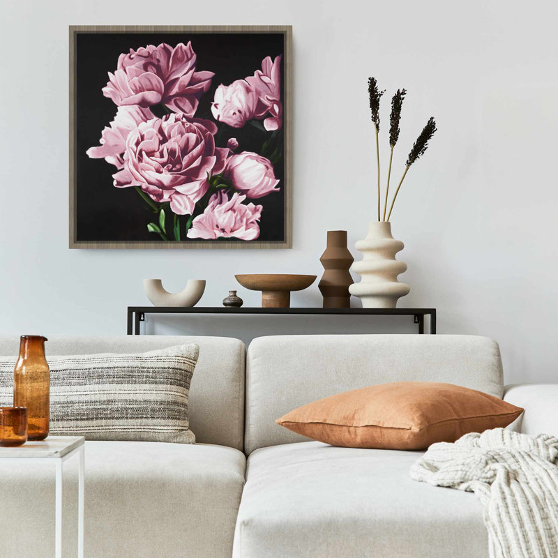 Toile noire botanique romantique | Pivoines roses