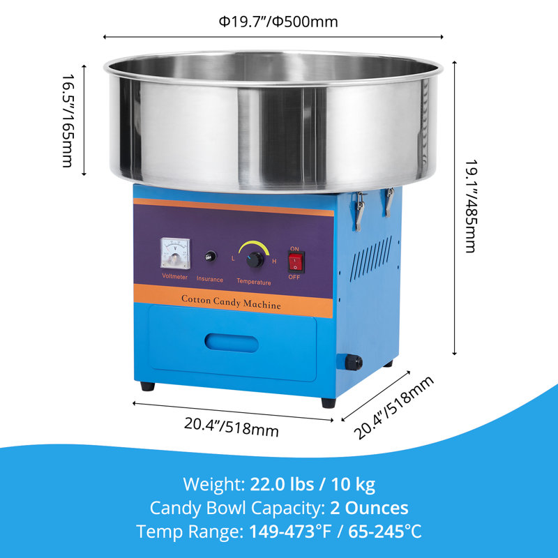 Machine à barbe à papa 1000W avec bol en acier inoxydable, Bleu