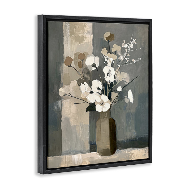 «Neutral Floral Vase» par Ramona Murdock, Cadre flottant noir de jais, H 21 po x l 17 po