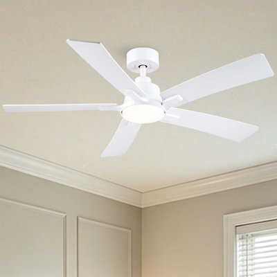 Modern 52" Indoor Matte White Downrod Mount Ceiling Fan with Integrated LED, Remote and  5 Two-Tone Blades