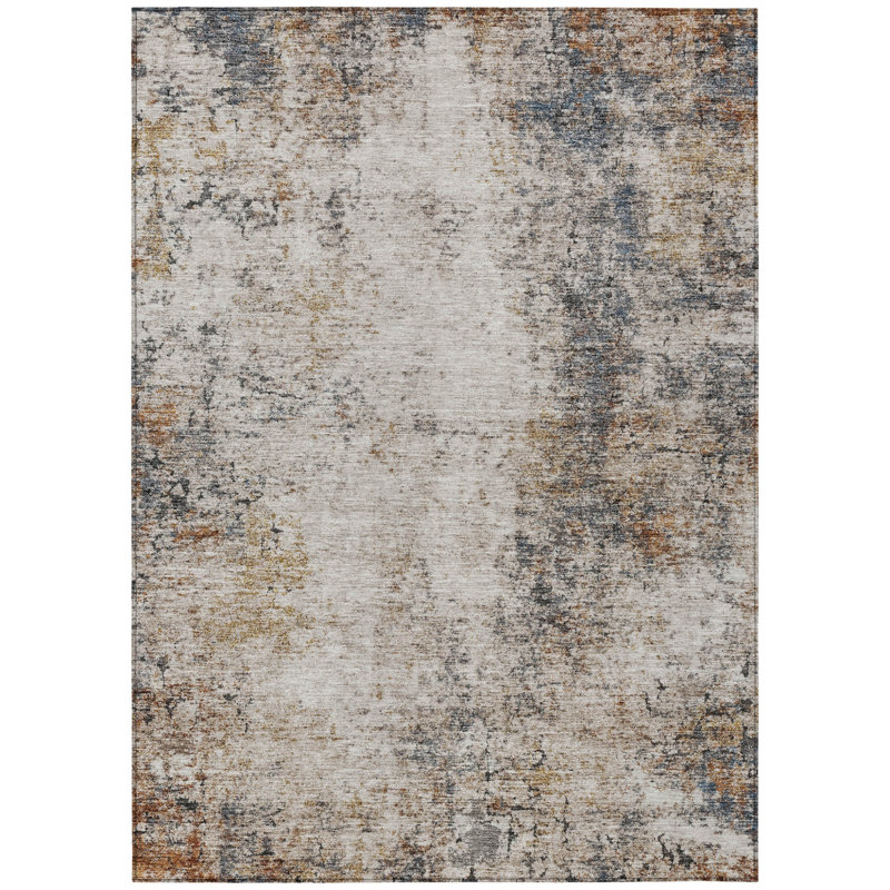 3' X 5' Ivory Blue And Copper Abstract Washable Indoor Outdoor Area Rug