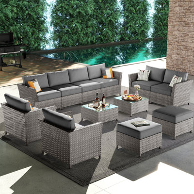 Cassville 8 - Person Patio Furniture Set, Outdoor Wicker Rattan Sectional Seating Group with Cushions, All Weather Sofa Conversation Set with Optional Fire Pit Table for Garden Backyard