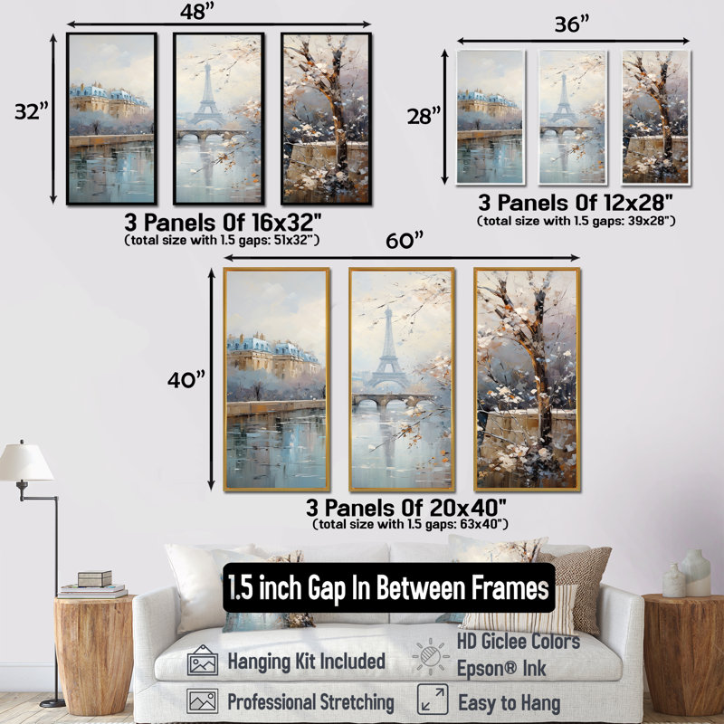 Hiver Paris, Tour Eiffel, ville, charme I - Art mural de Paris, Cadre flottant doré, H 28 po x l 36 po x P 1 po