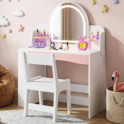 Kids Vanity Desk With LED Mirror & Chair & Power Supply