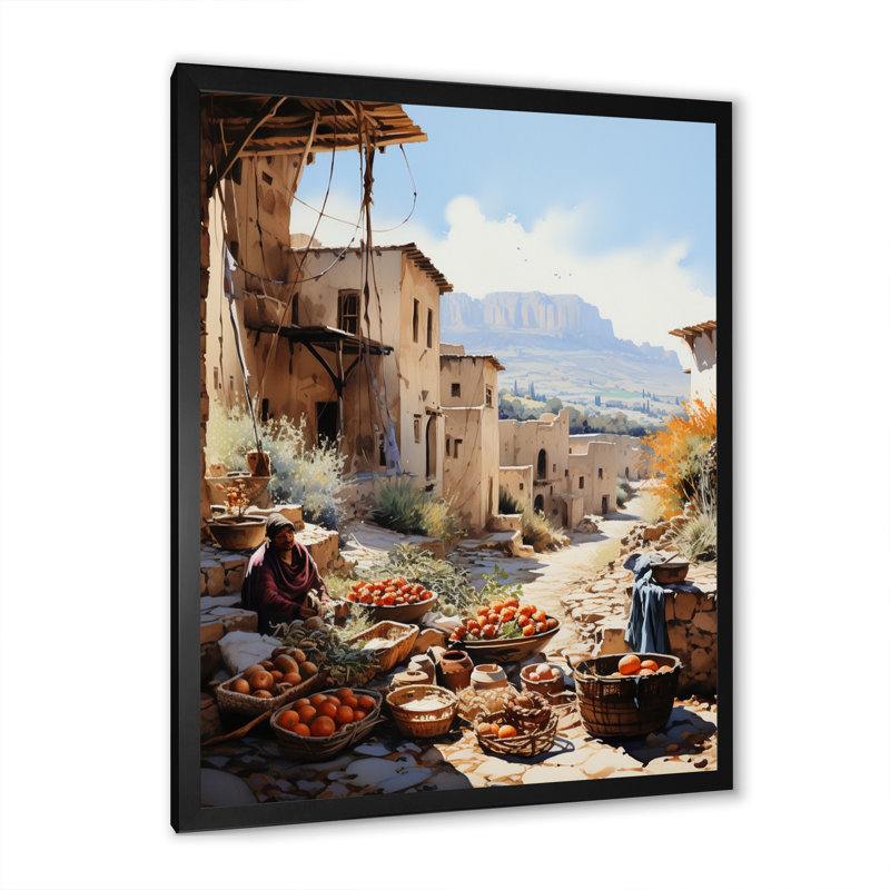 Tribu africaine, marché berbère II - reproduction sur toile, Toile encadrée noire simple, H 40 po x l 30 po x P 1,5 po
