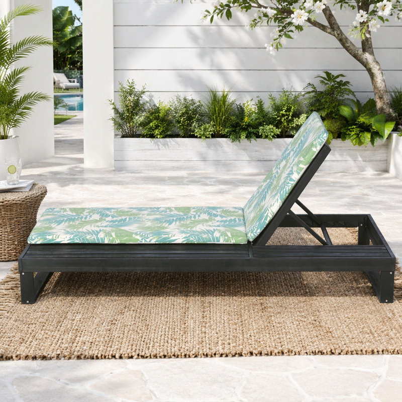 Chaise longue en bois d'acacia avec coussin, 4 positions réglables avec surface latérale plate