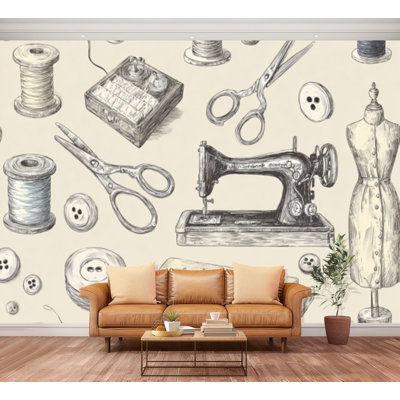 Wall Mural Peel and Stick Wallpaper Seamless hand drawn vintage sewing tools Sew machine scissors Self-Adhesive Removable Contact Paper Wall Decor for Living Room Bedroom 100"H x 144"W
