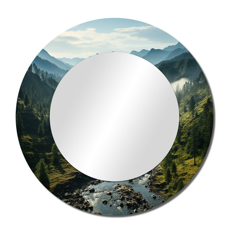 États-Unis, grand paysage de montagnes fumées III - États-Unis, grand miroir mural, miroir décoratif rond traditionnel, impression d'art en métal