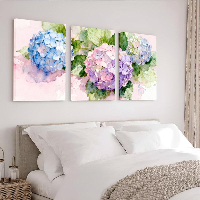 Peinture murale sur toile tendue, motif floral d'hortensias à l'aquarelle (paquet de 3), H 24 po x l 48 po