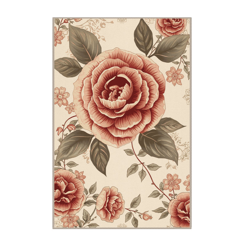Tapis floral beige lavable à la machine Camellia, 8 x 12
