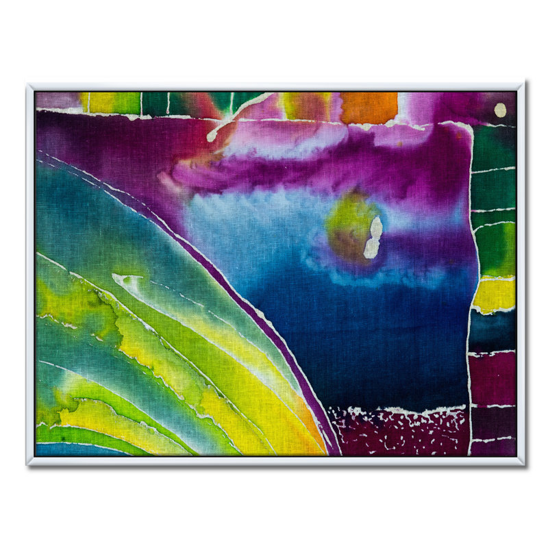 Impression de batik bleu, mauve et vert - reproduction d'art sur toile, H 30 po x l 40 po x P 1,5 po, Toile avec cadre blanc