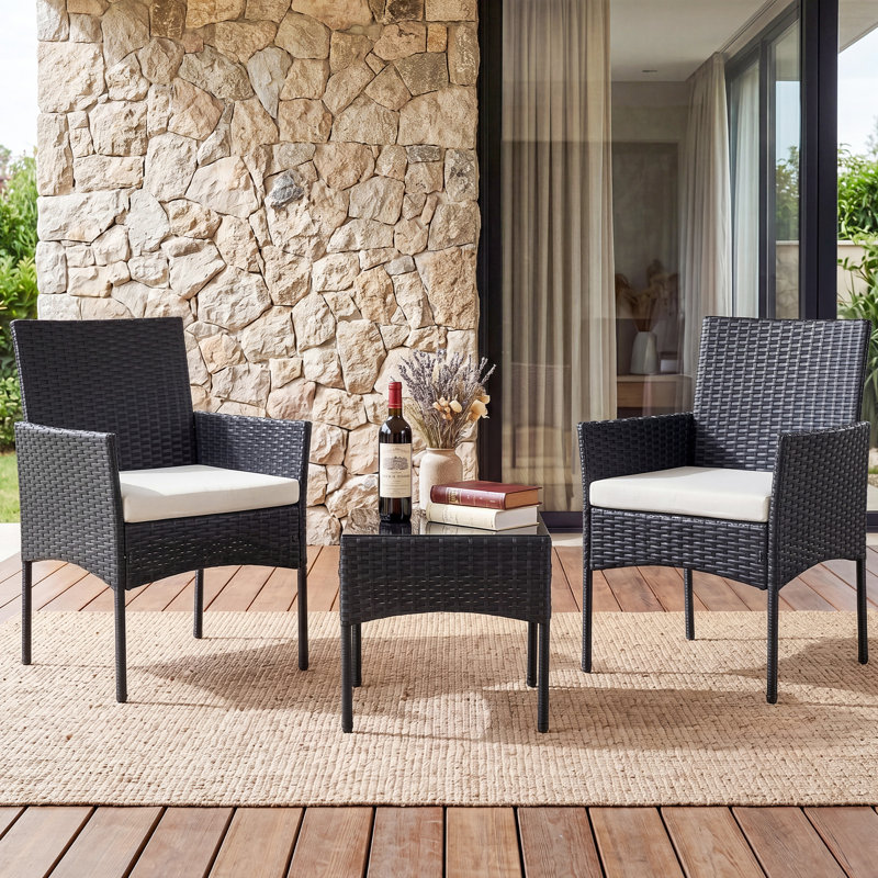 3 Piece Outdoor Wicker Conversation Set, Rattan Patio Bistro Set with Cushions & Glass Table, Black