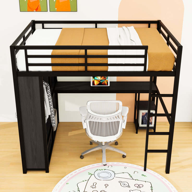 Metal Loft Bed with Wardrobe and Desk, Black, Full