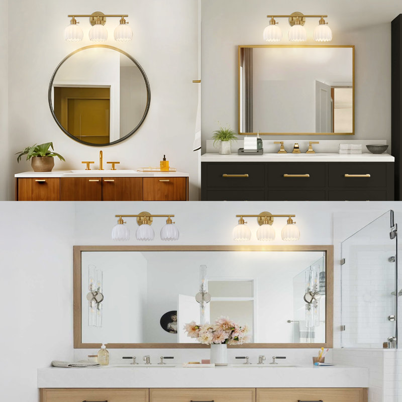 3 - Light Dimmable Bathroom Vanity Light With White Glass Shades, Brushed Brass, 9.17" H x 18.8" W x 6.8" D, 3 Lights