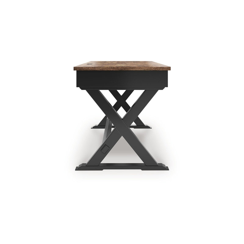 Bureau Fleur, plateau brun 60 po, 2 tiroirs, base en métal noir X