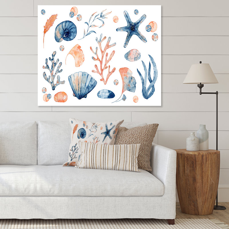 «Blue and Pink Seashells on White», reproduction sur toile, Toile tendue, H 12 po x l 20 po x P 1 po