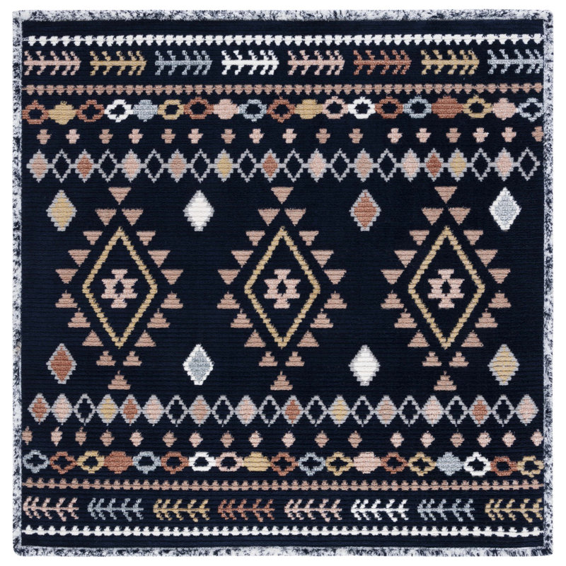 Baston Southwestern Navy/Orange/White Area Rug, Square 6'7"