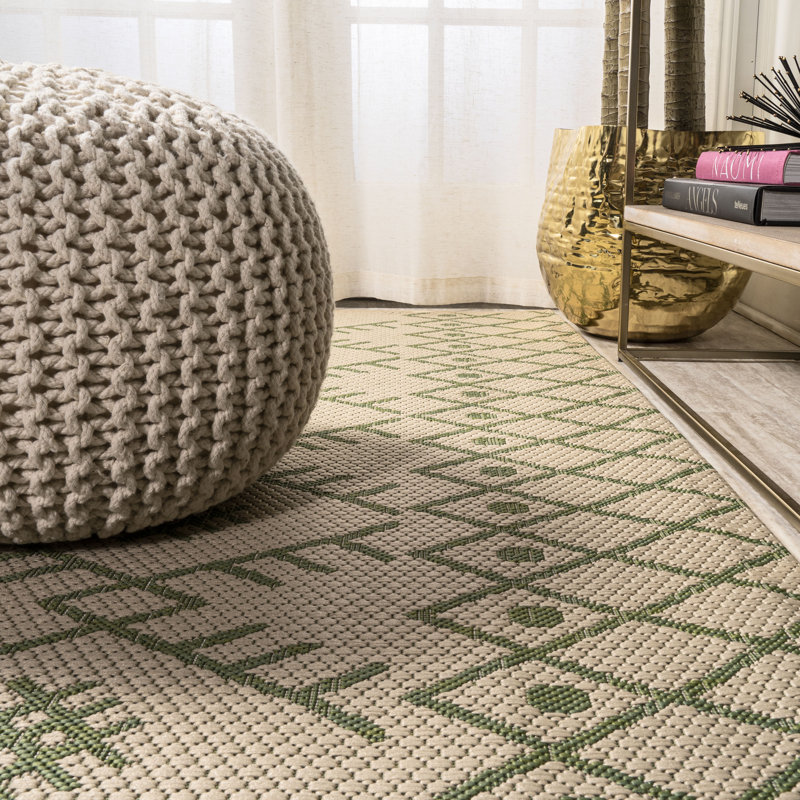 Boho Moroccan Beige/Green Indoor/Outdoor Rug, Rectangle 3'11" x 6'