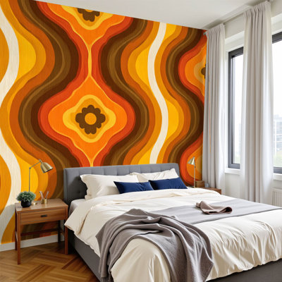 Peel and Stick Wallpaper 70s retro vintage Mid Century Modern Seamless Wall Murals 100"H x 144"W Removable PVC Wall Paper Self-Adhesive Wall Paintings Art Decor for Bedroom Living Room