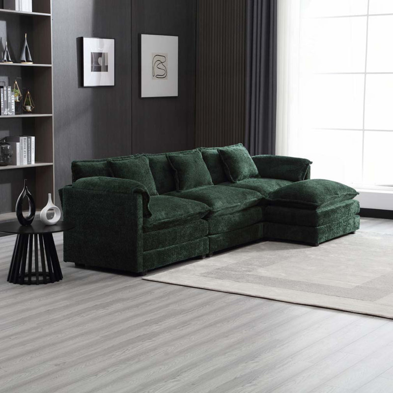 Canapé modulaire surdimensionné en chenille de 112 po avec repose-pieds mobile Chenille, Émeraude