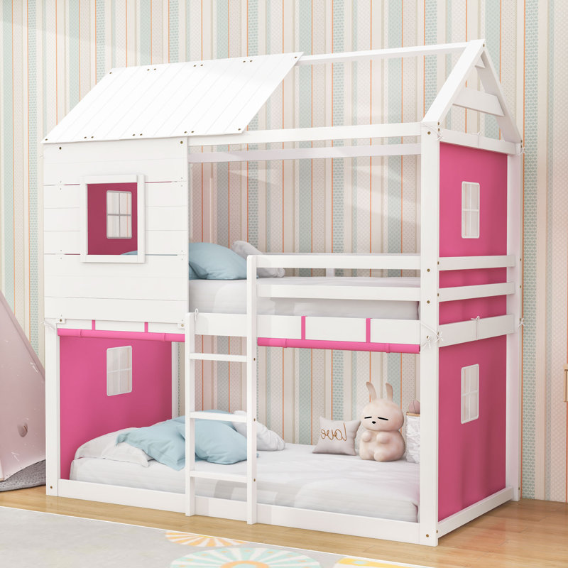 Lit superposé en forme de maison avec structure en bois robuste et tente, Blanc rose, Twin Over Twin