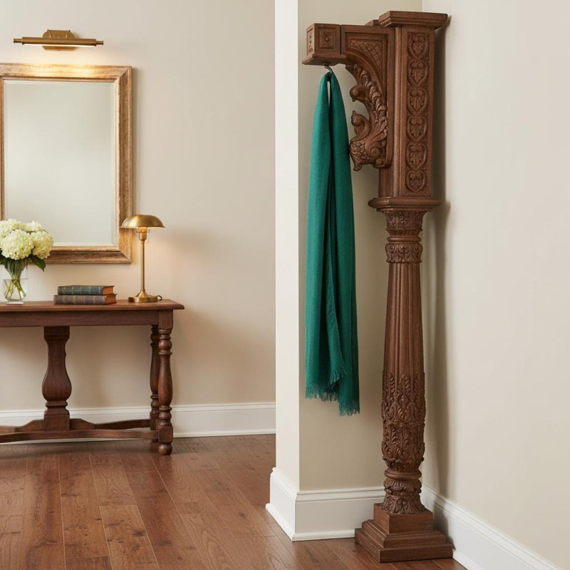 56" Antique Hand Carved Solid Wood Column Display Stand with Hook