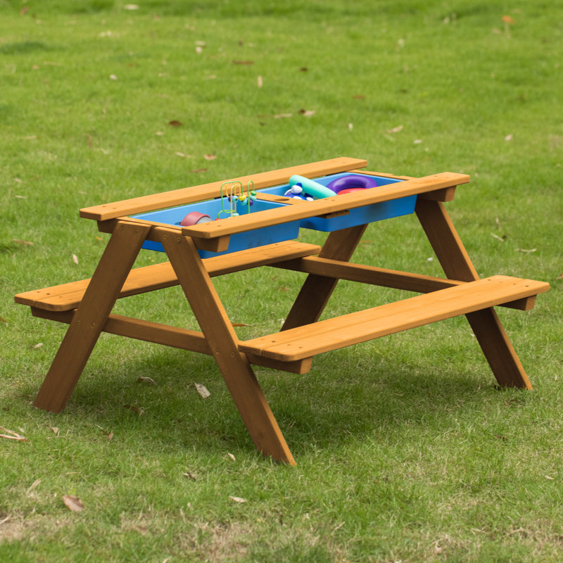 Takuo Convertible Wooden Sand and Water Table for your Toddlers Outdoor Playset Featuring 2 Play Box and a Removable Top that Transforms into Kids Picnic Table - Teak Stained