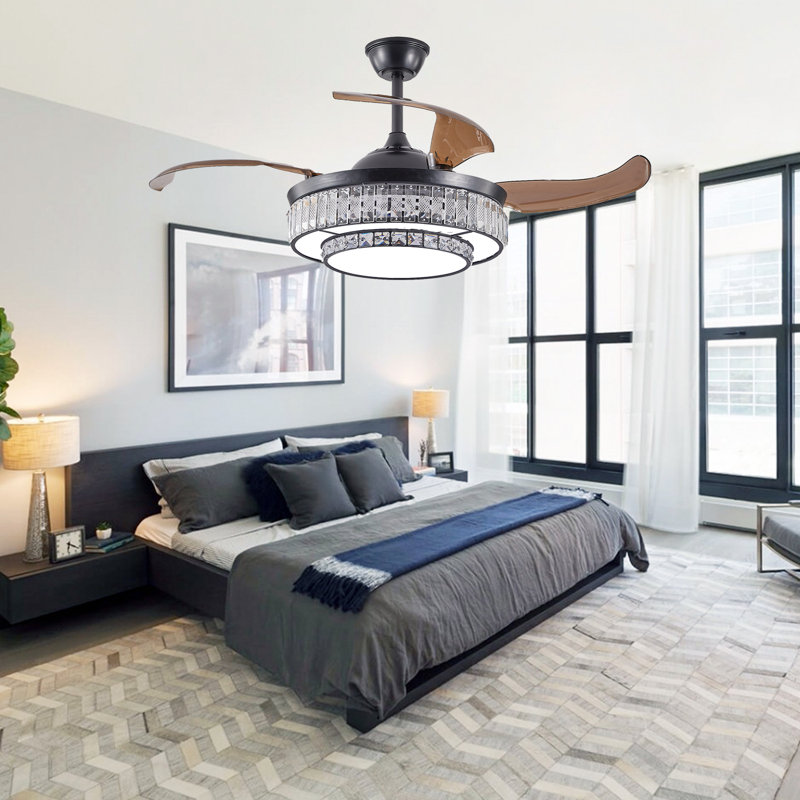 48" Modern Crystal LED Retractable Ceiling Fan with Light & Remote
