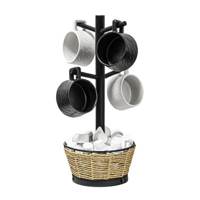 Mug Holder Tree With Woven Basket, 4 Hooks, Coffee Bar Accessories Cup Display Organizer Hanger, (Black)